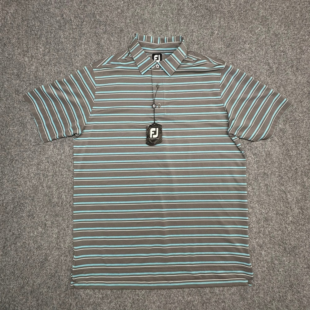 FootJoy Polo Shirt Large Grey Teal‎ Striped Polyester Spandex Golf Excellent